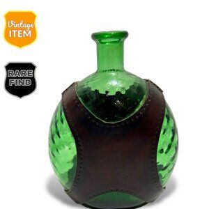 Vintage Green Glass Bottle Round Shape Mid Century Decorative Vase Decanter